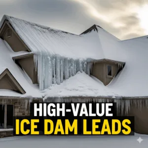 A massive ice dam on a roof, representing a source of high-value ice dam restoration leads.