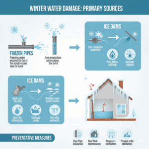 An infographic detailing the primary sources of winter water damage leads, including frozen pipes and ice dams.