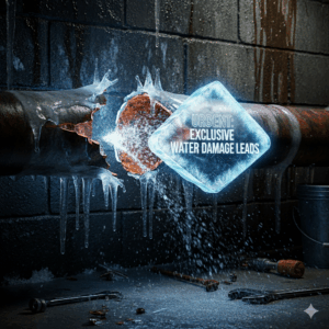 A frozen pipe that has burst, creating an urgent need for exclusive water damage leads.