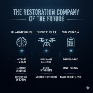An infographic explaining how AI and robotics are transforming the restoration industry, covering the office, job site, and preparation.