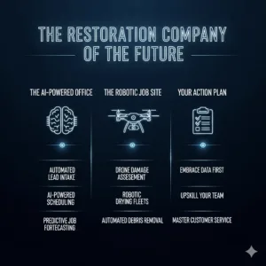 An infographic explaining how AI and robotics are transforming the restoration industry, covering the office, job site, and preparation.