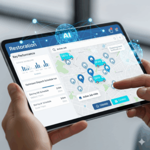 An AI dashboard showing lead management and scheduling for a water damage restoration company.