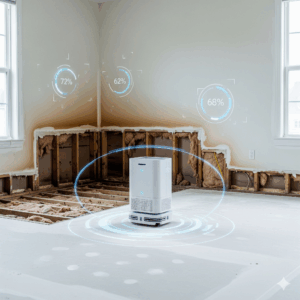 An AI-powered drying robot navigating a water-damaged room.