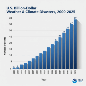 A chart showing the increasing frequency of billion-dollar weather and climate disasters in the United States, based on NOAA data.