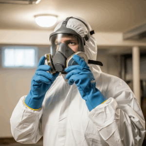 A restoration technician putting on full PPE before a biohazard cleanup job, demonstrating proper safety protocols.