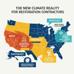 An infographic map showing how different regions of the U.S. are affected by new severe weather patterns relevant to the restoration industry.