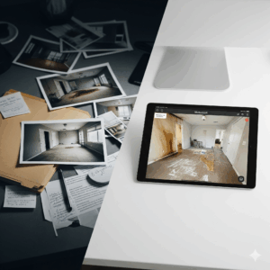 A comparison of an old, messy paper job file versus a modern, clean digital job file for restoration claims.