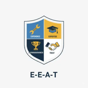 A shield representing Google's E-E-A-T principles: Experience, Expertise, Authoritativeness, and Trust for contractors.