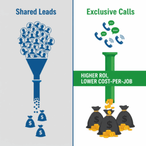 An infographic showing the higher ROI and lower cost-per-job of exclusive leads compared to shared leads for restoration companies