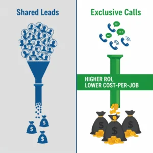 An infographic showing the higher ROI and lower cost-per-job of exclusive leads compared to shared leads for restoration companies