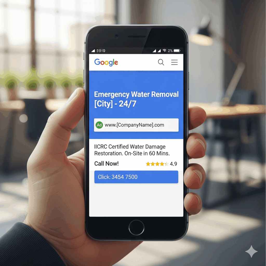 A perfect Google Ad for a restoration company shown on a phone screen, symbolizing a profitable PPC campaign.