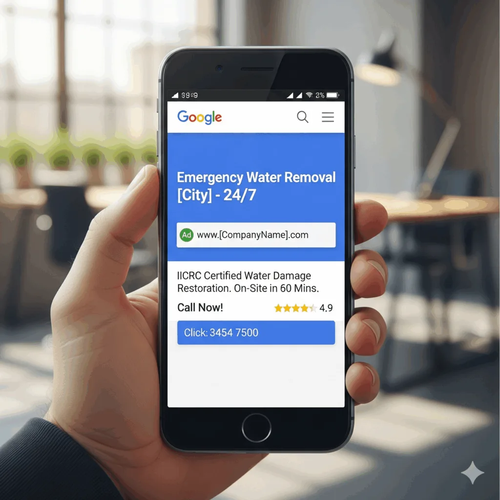 A perfect Google Ad for a restoration company shown on a phone screen, symbolizing a profitable PPC campaign.