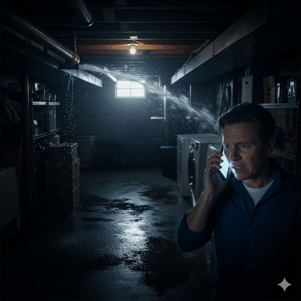 A homeowner in a flooded basement making an urgent phone call to a water damage restoration company.