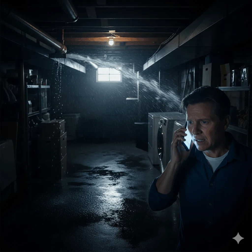 A homeowner in a flooded basement making an urgent phone call to a water damage restoration company.