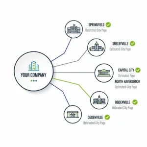 A map showing a hyperlocal SEO strategy with dedicated city pages for each service area.