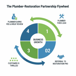 An infographic showing the business growth flywheel of a plumber and restoration company partnership.