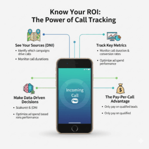 An infographic summarizing the key benefits of call tracking for restoration contractors, including measuring ROI and making data-driven decisions.