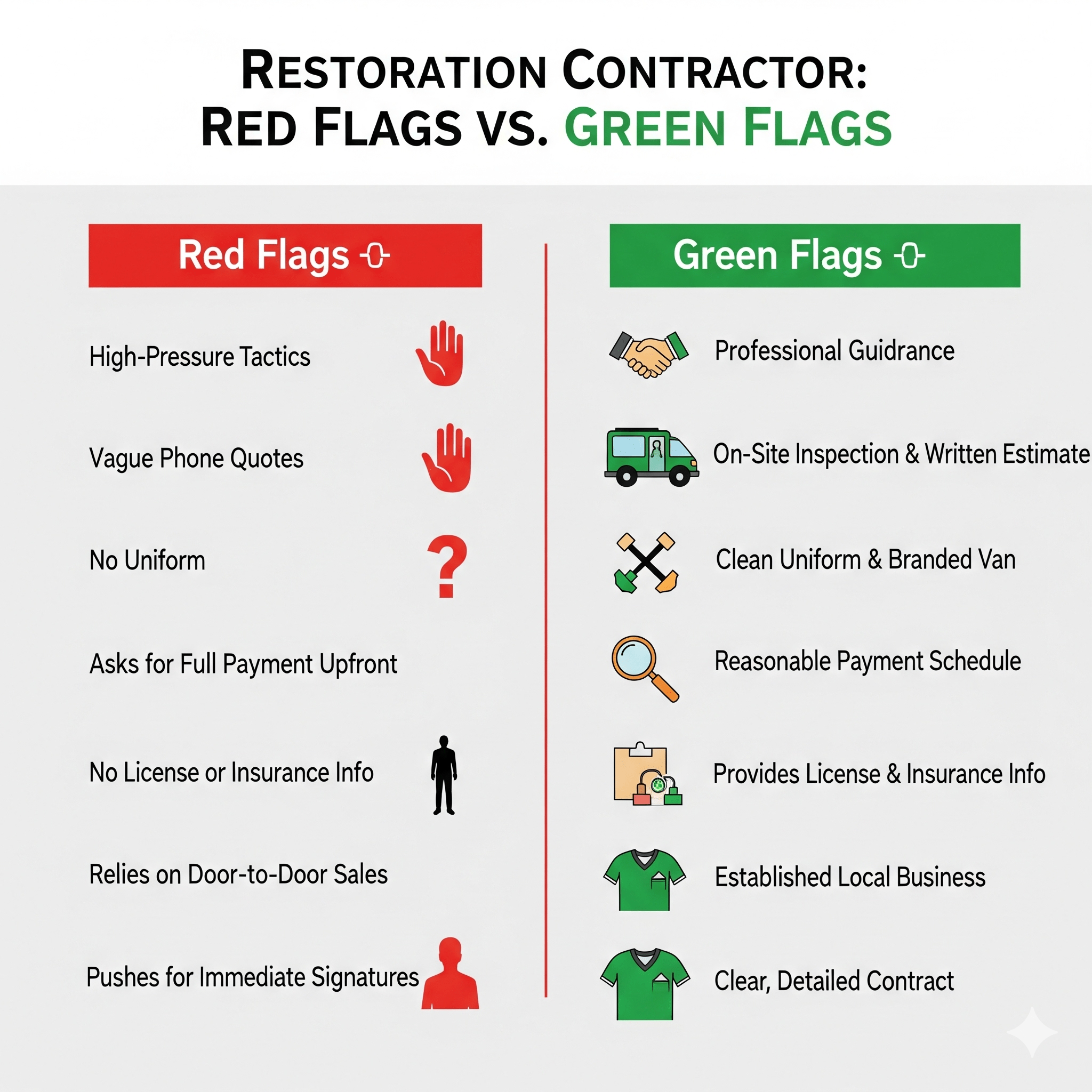 Infographic showing red flags and green flags for restoration contractors.