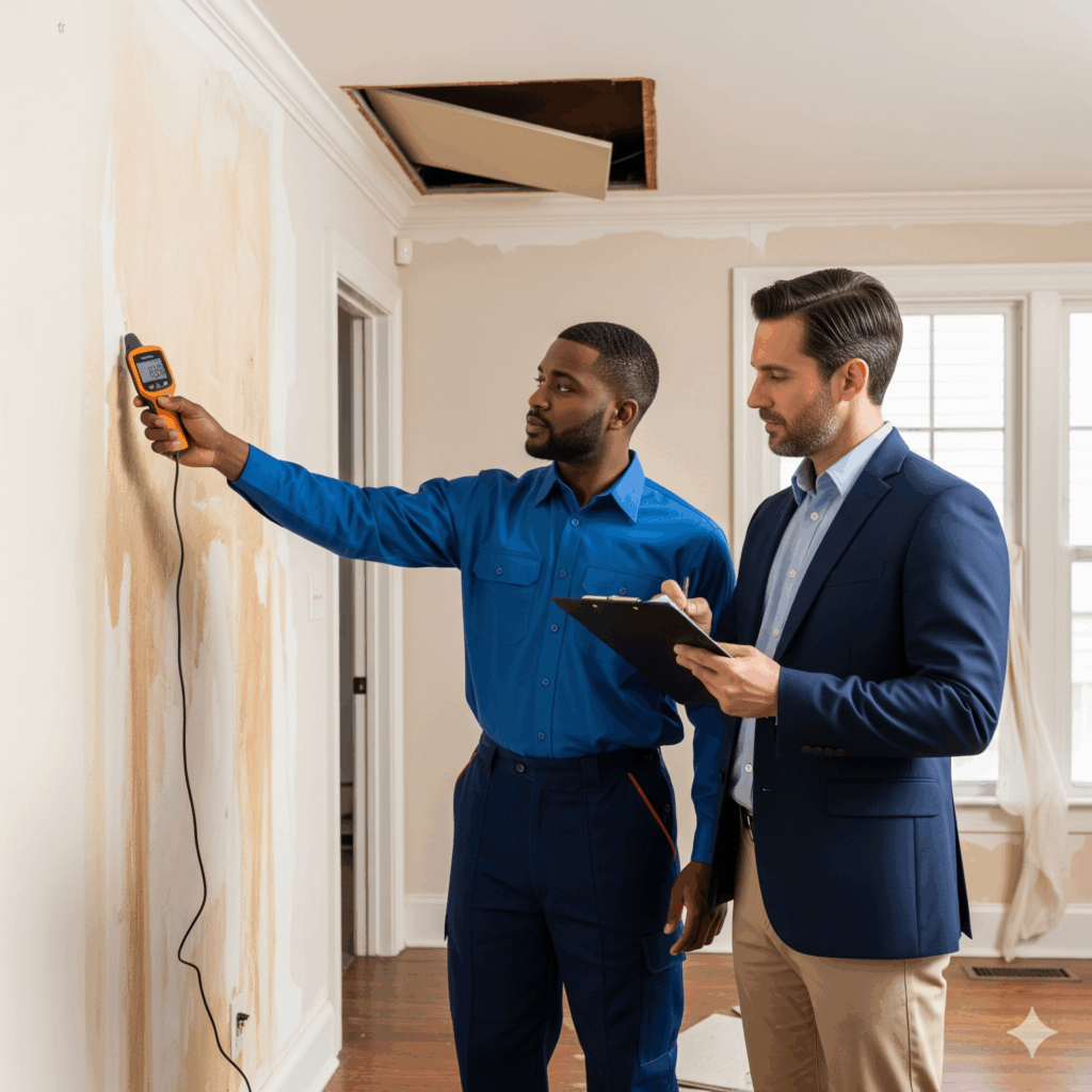 A restoration contractor and an insurance adjuster working together to assess the scope of water damage.