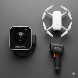The technology stack for modern restoration documentation, including a Matterport camera, a drone, and a thermal imaging camera.
