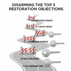 An infographic detailing how to handle the top 5 sales objections in the water damage restoration industry.