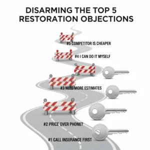 An infographic detailing how to handle the top 5 sales objections in the water damage restoration industry.