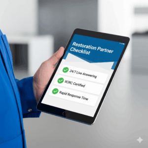 A checklist showing the key qualifications for a reliable restoration partner for plumbers.