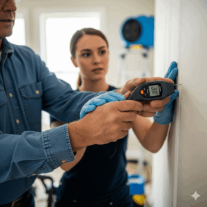 A senior restoration technician training a new hire on proper water damage mitigation techniques.