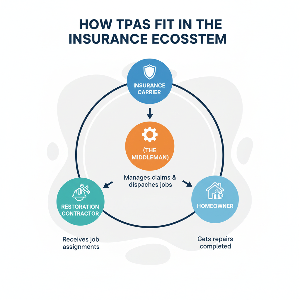 An infographic explaining the role of a Third-Party Administrator (TPA) as a middleman between insurance carriers and restoration contractors.