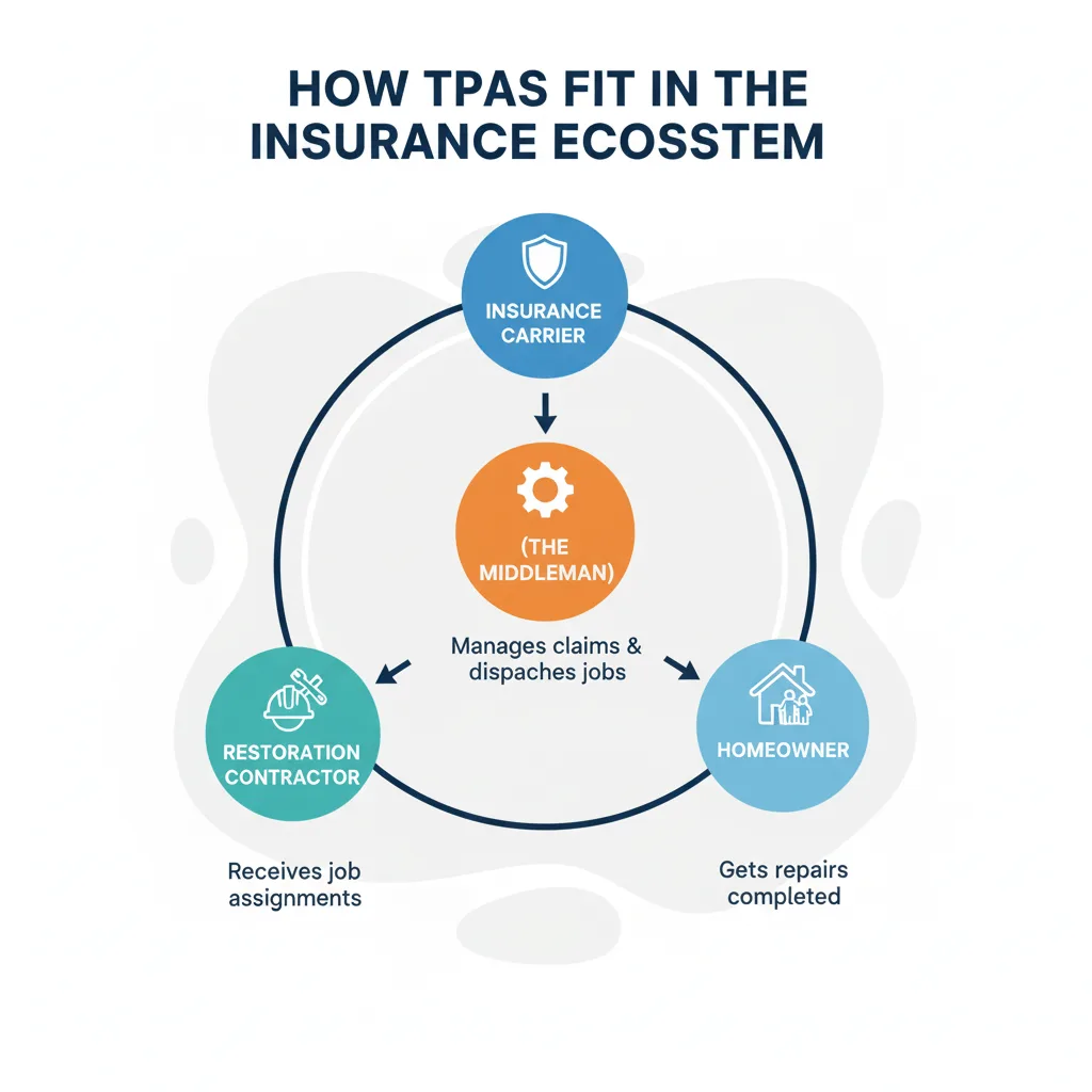 An infographic explaining the role of a Third-Party Administrator (TPA) as a middleman between insurance carriers and restoration contractors.