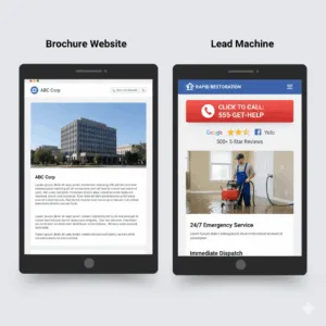 A comparison of a static brochure website vs. a high-converting lead generation website for restoration contractors.