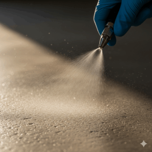 A close-up of a professional restoration technician disinfecting a surface during a sewage backup cleanup.