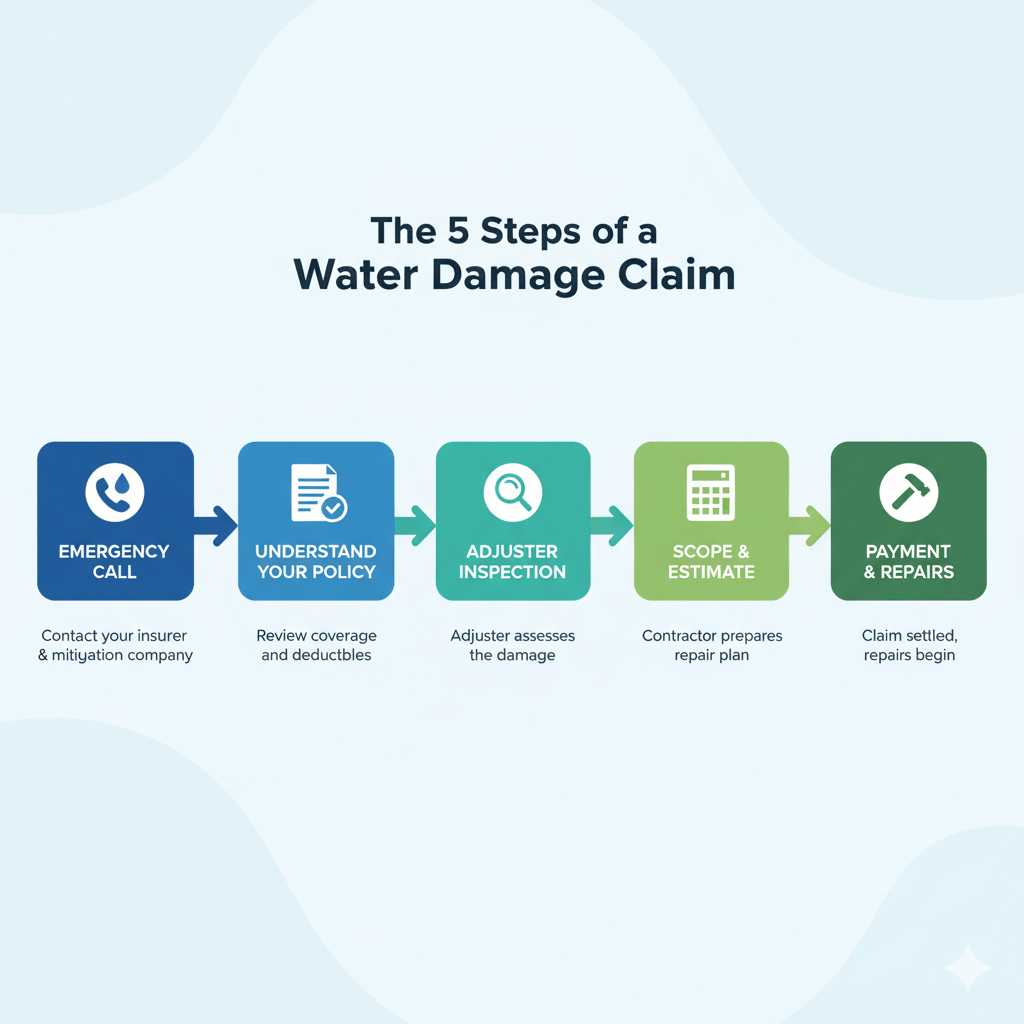 An infographic showing the 5-step process of a water damage insurance claim for homeowners.