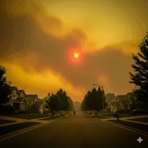A suburban neighborhood under a hazy, orange sky from wildfire smoke, representing the growing need for smoke damage restoration services.